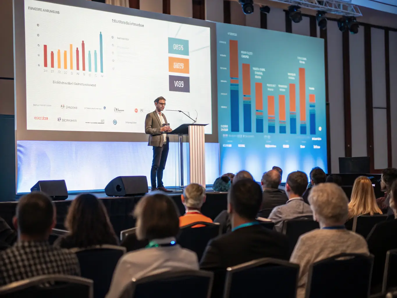 A speaker passionately presenting innovative procurement strategies to an engaged audience at the Procure.Uno conference.