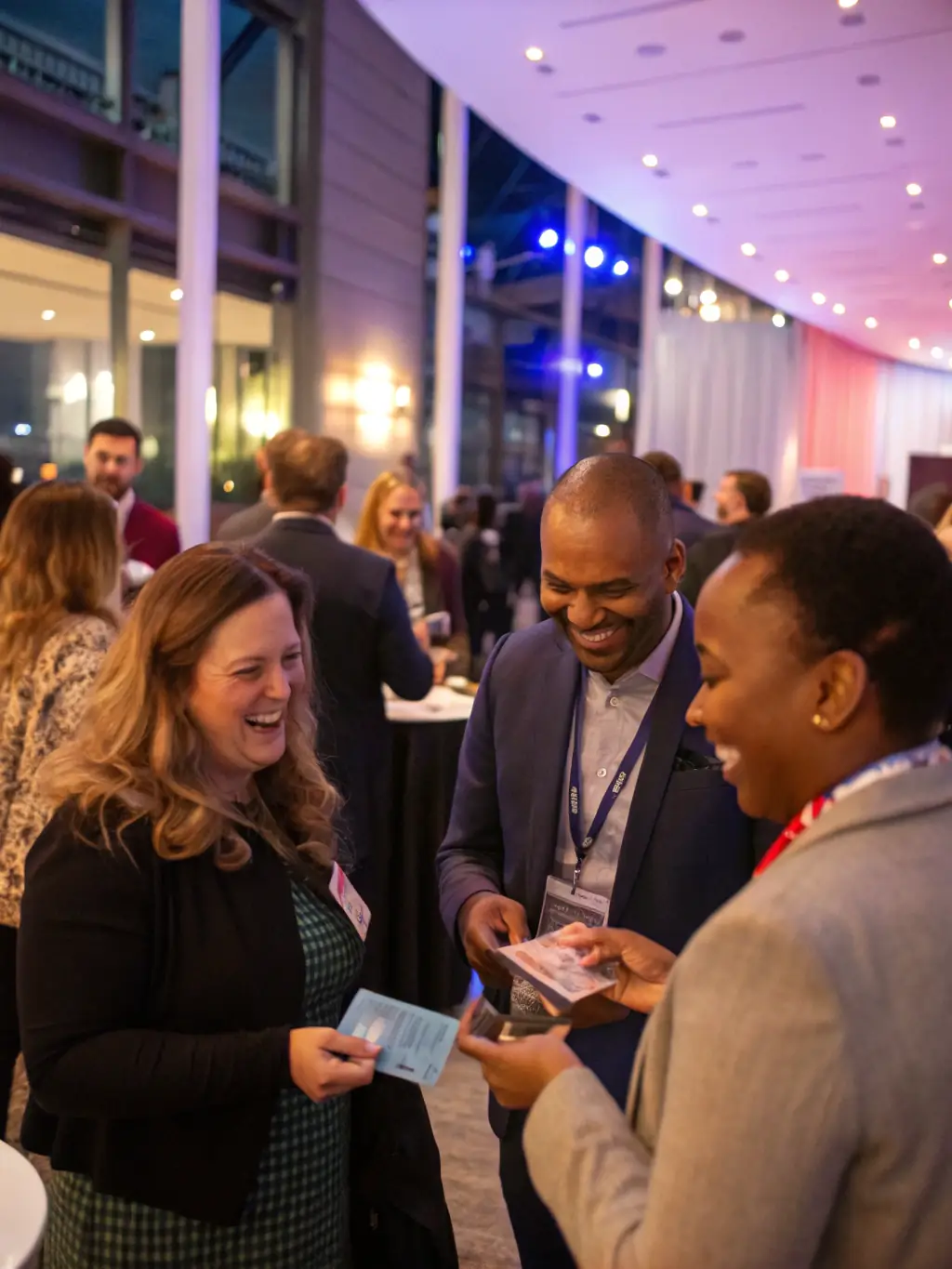 A candid shot of attendees networking during a coffee break at a procure.uno conference. People are chatting, exchanging business cards, and enjoying refreshments.